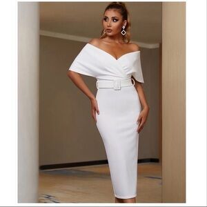 White Off Shoulder Short Sleeve V Neck bodycon midi